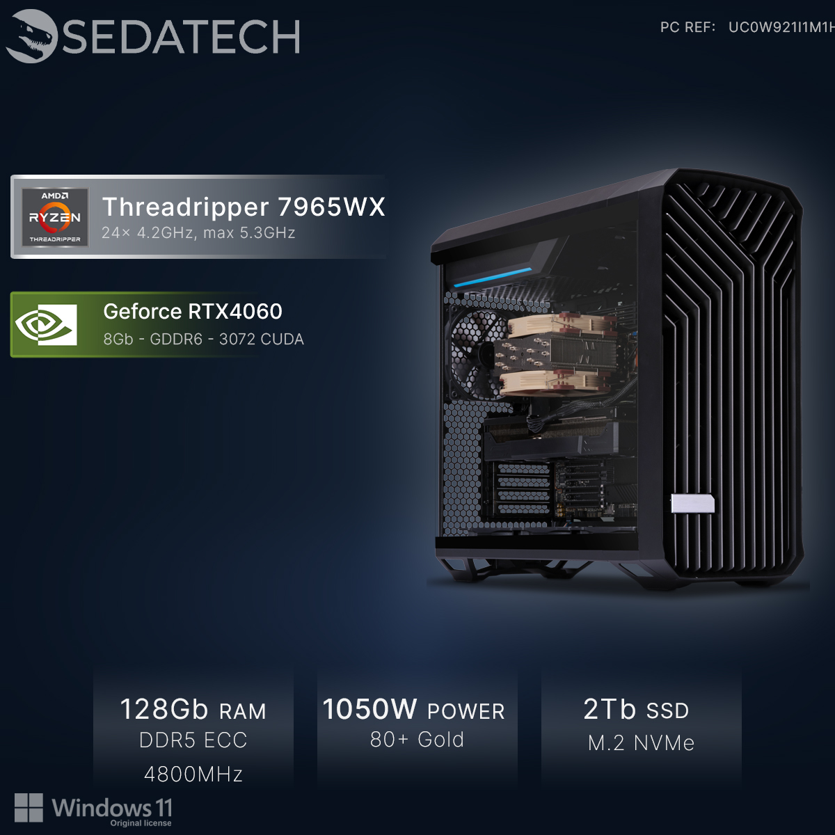 Czarny komputer PC z oświetleniem RGB, procesorem AMD Ryzen Threadripper i kartą RTX 4060.