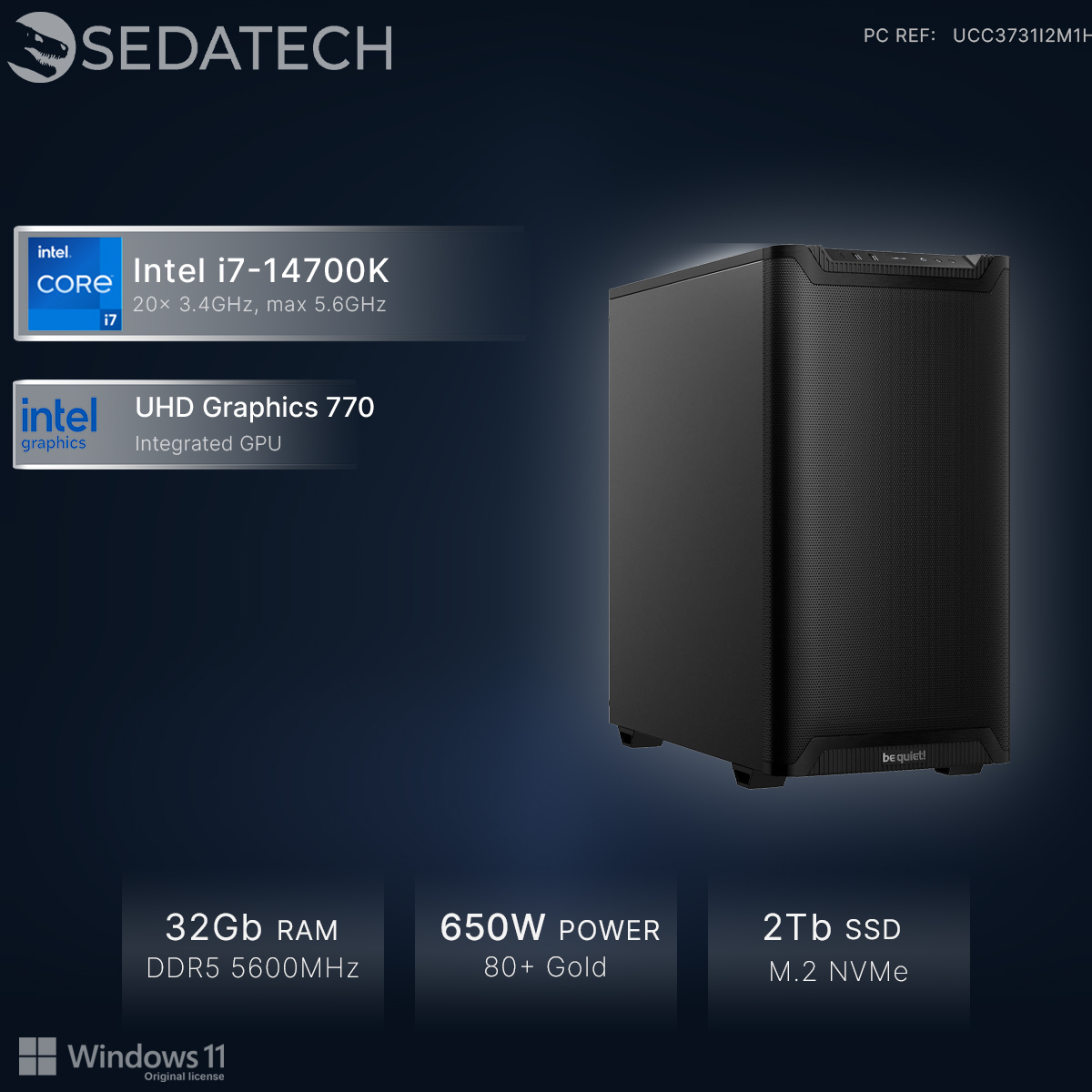 Torre PC nera con Intel i7-14700K, 32 GB RAM, alimentatore 650W, SSD 2 TB.