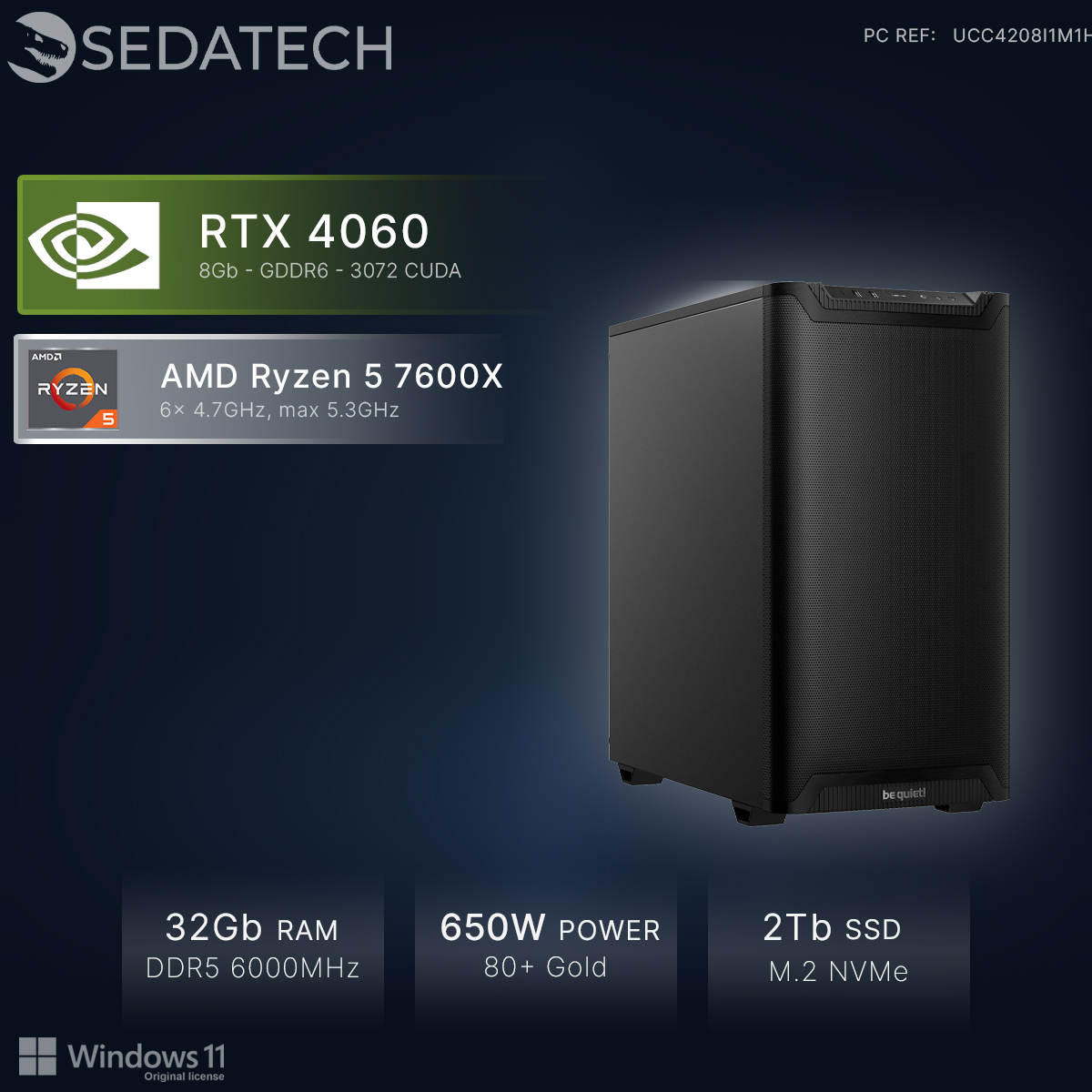 PC mit RTX 4060, Ryzen 5 7600X, 32GB RAM, 650W Netzteil und 2TB SSD.