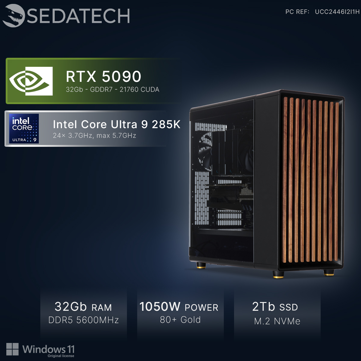 Czarny PC z drewnianymi akcentami, RTX 5090, Intel Core Ultra 9, 32GB RAM, 1050W.