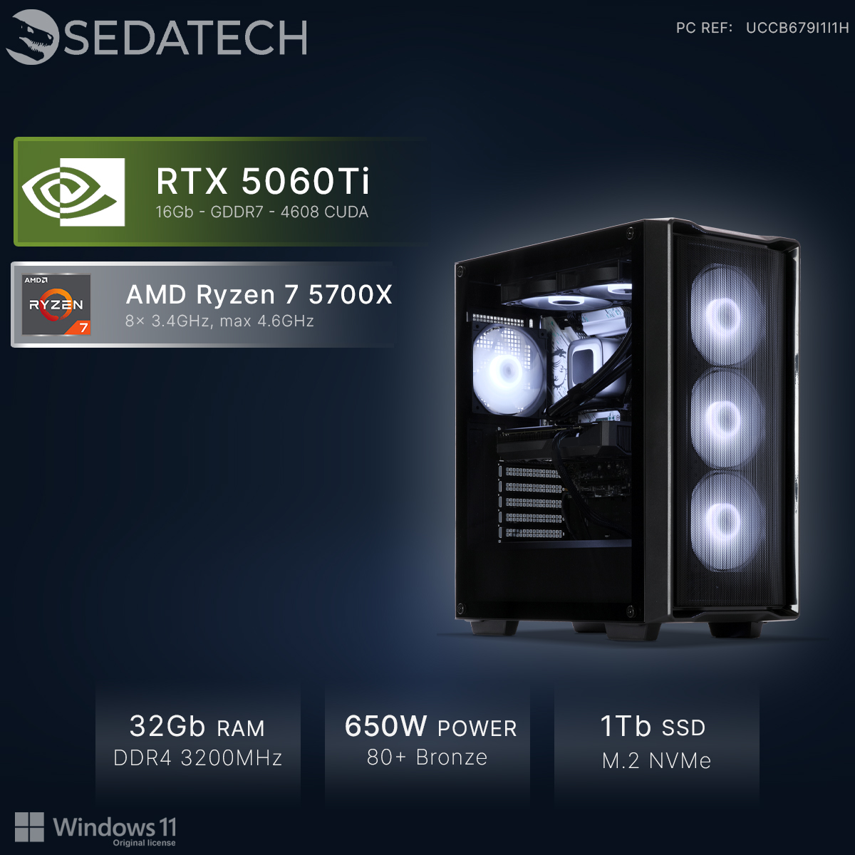 PC Gaming con RTX 5060Ti, Ryzen 7 5700X, 32GB RAM, PSU 650W, SSD 1TB.