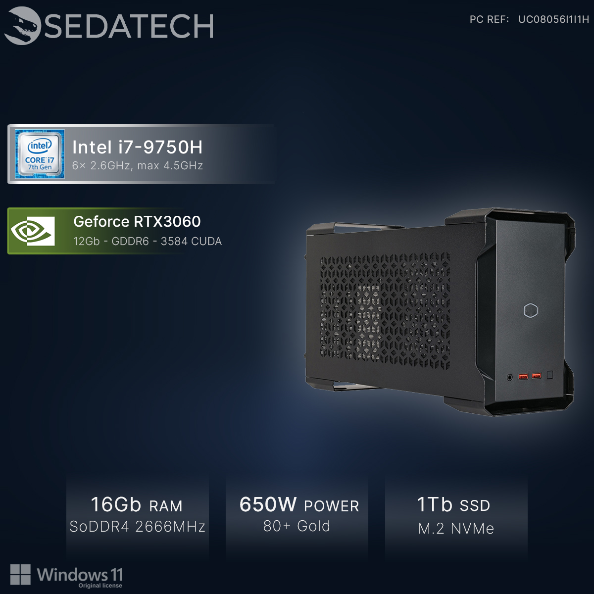 Kompaktowy czarny komputer PC z Intel i7, RTX 3060, 16GB RAM, 1TB SSD.