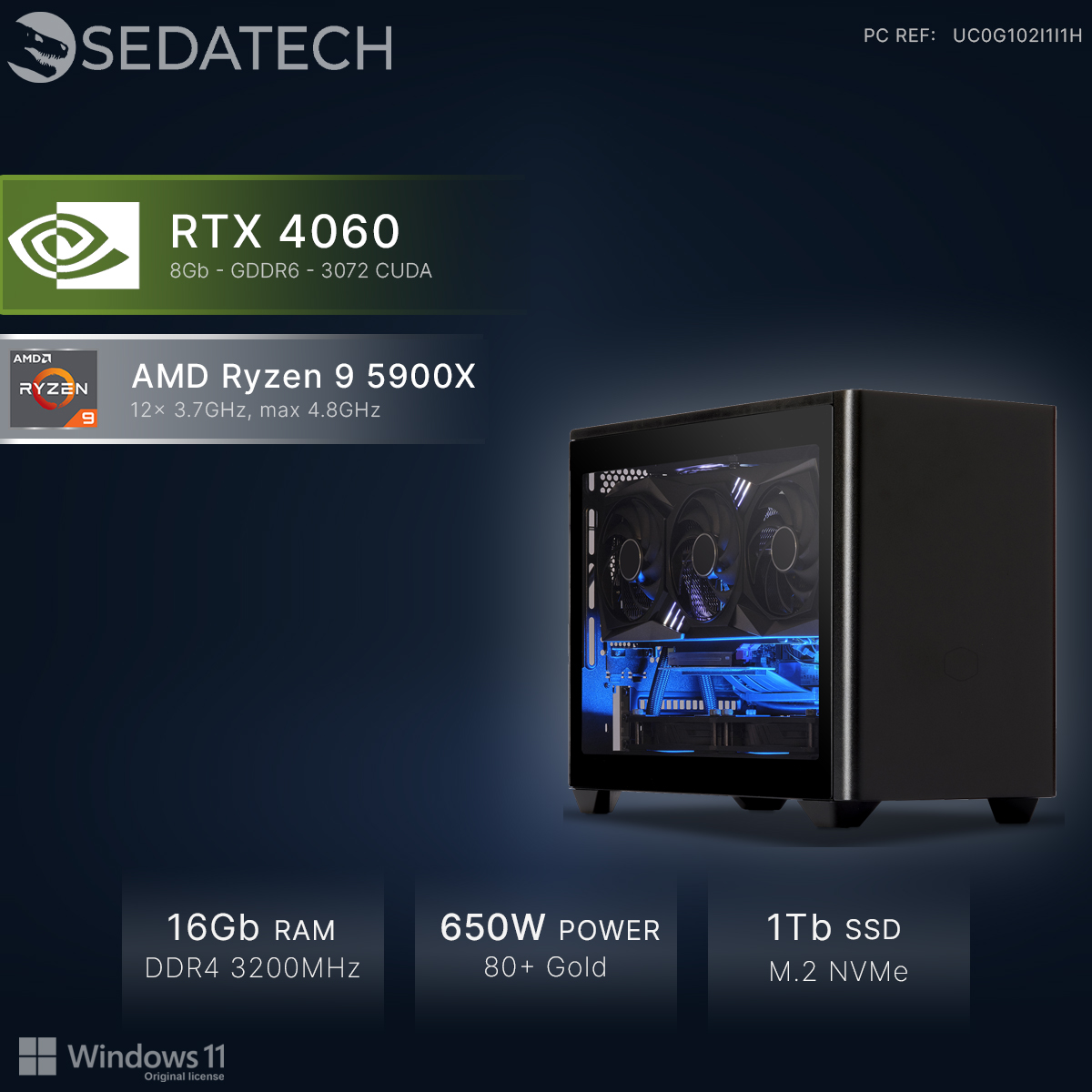 Komputer gamingowy z RTX 4060, procesorem Ryzen 9, 16GB RAM, dyskiem 1TB SSD.