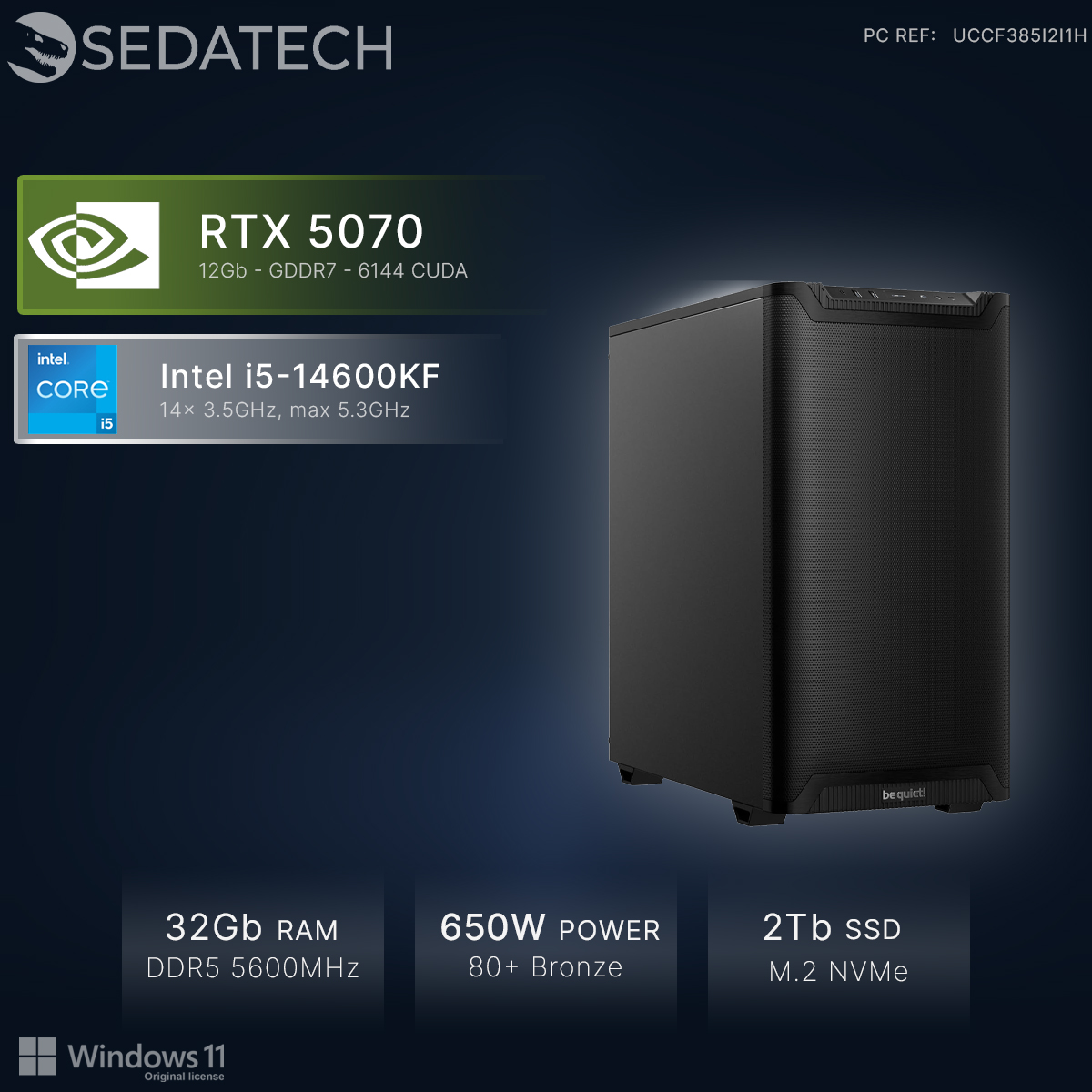 PC Sedatech con RTX 5070, Intel i5-14600KF, 32GB RAM, Fuente 650W, SSD 2TB, Windows 11.