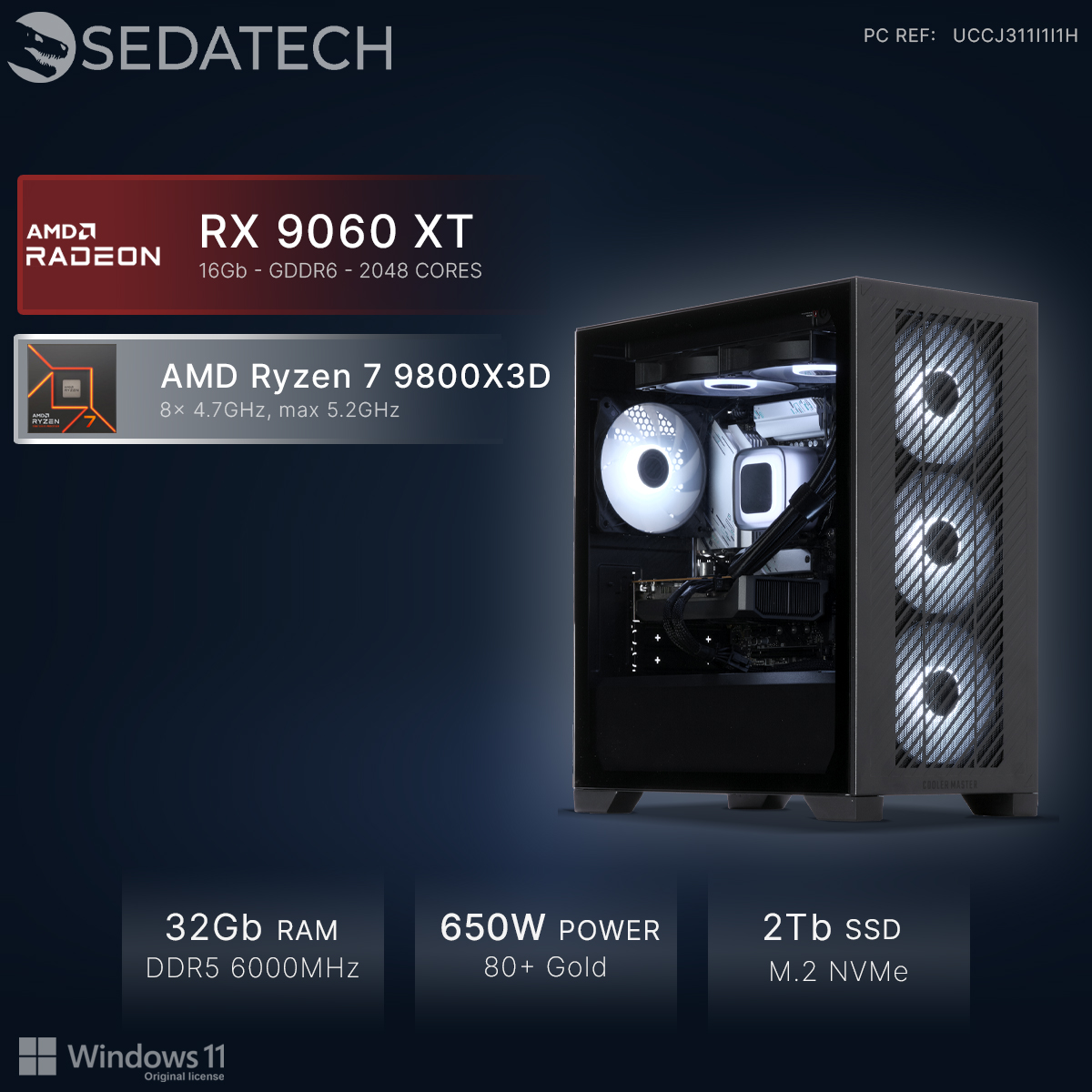 Un PC gamer avec AMD Ryzen 7, RX 9060 XT, 32Go RAM, alimentation 650W.