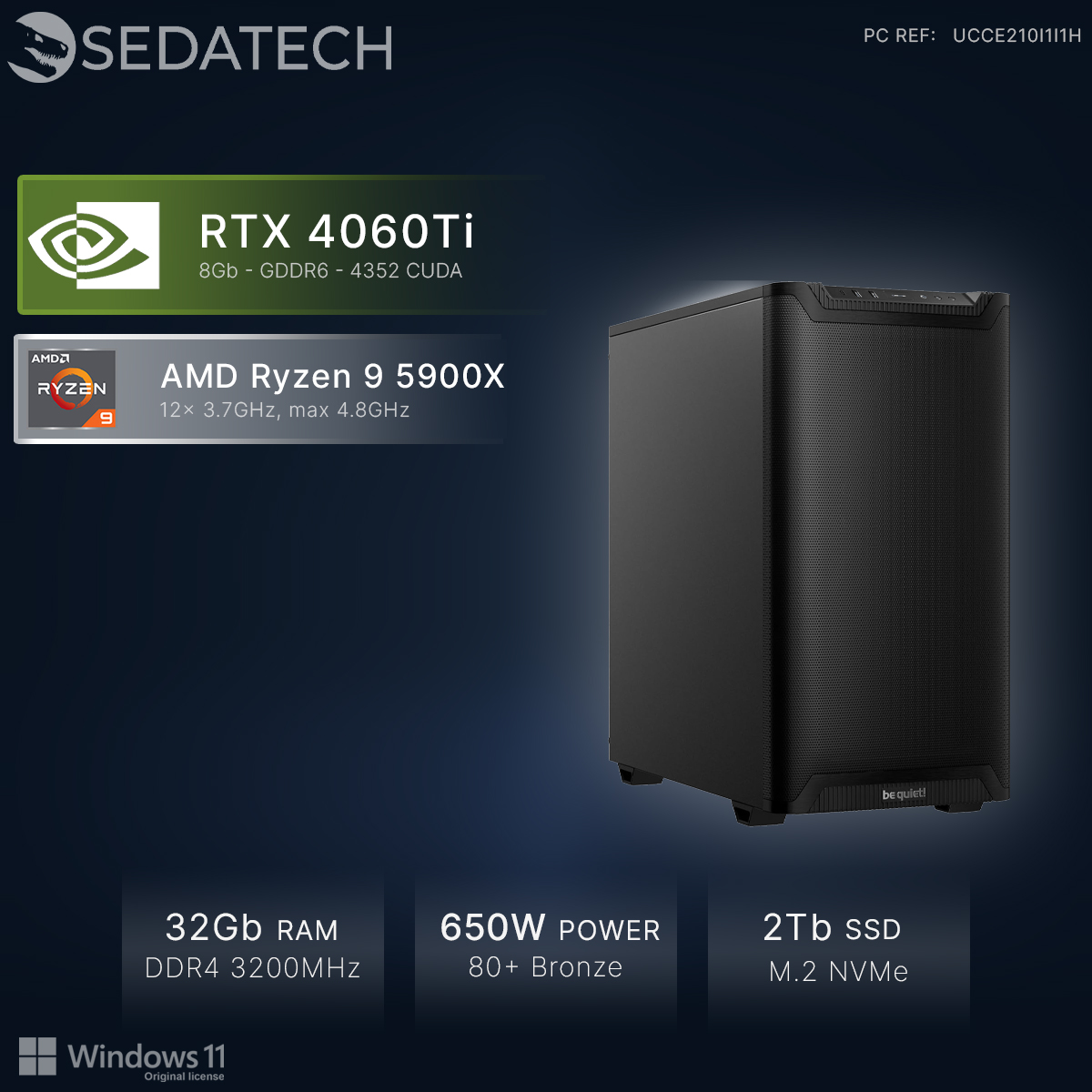 Czarna obudowa PC z logo be quiet!, RTX 4060Ti, Ryzen 9, 32GB RAM, 650W.