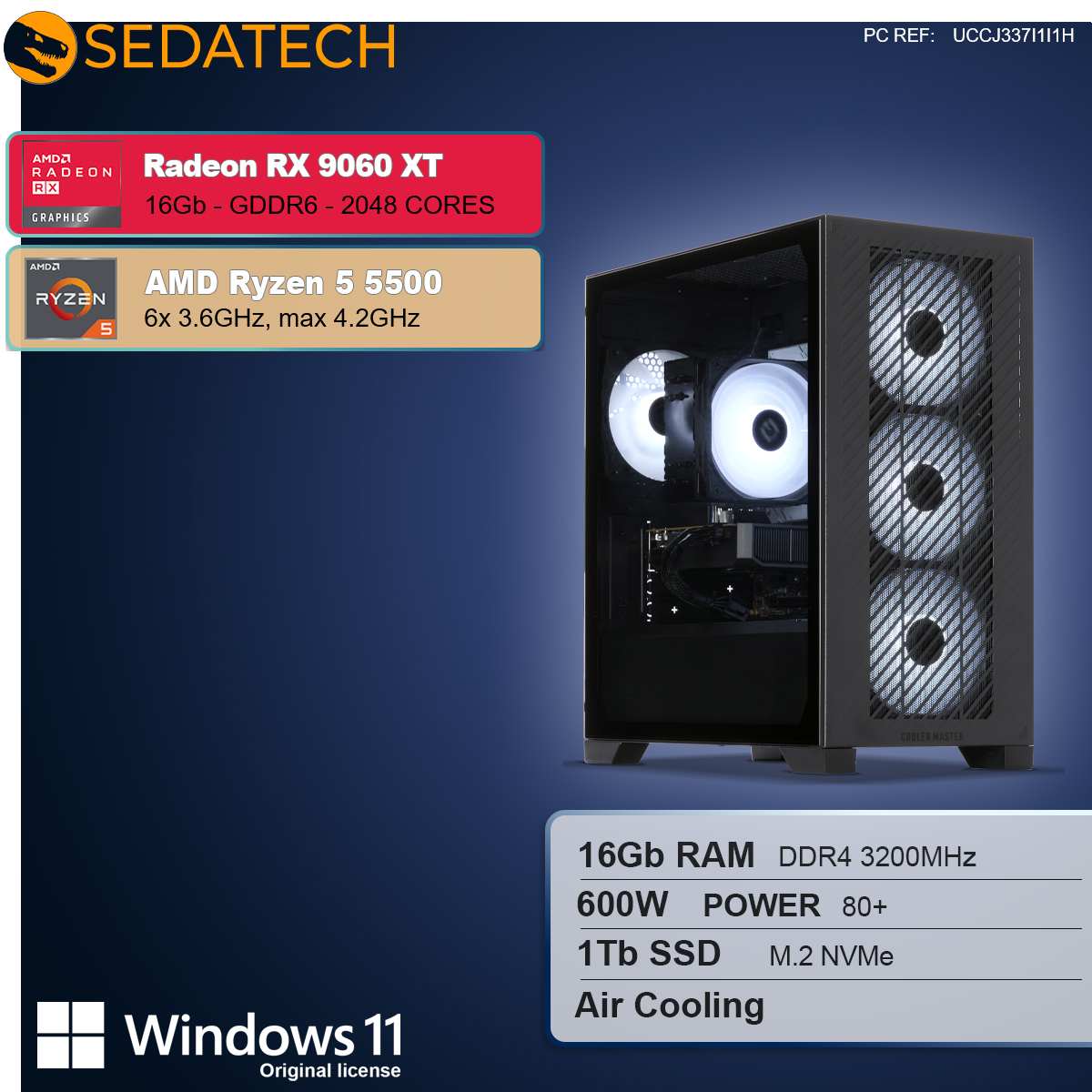 Komputer gamingowy z AMD Ryzen 5 5500, Radeon RX 9060 XT, 16GB RAM, 1TB SSD.