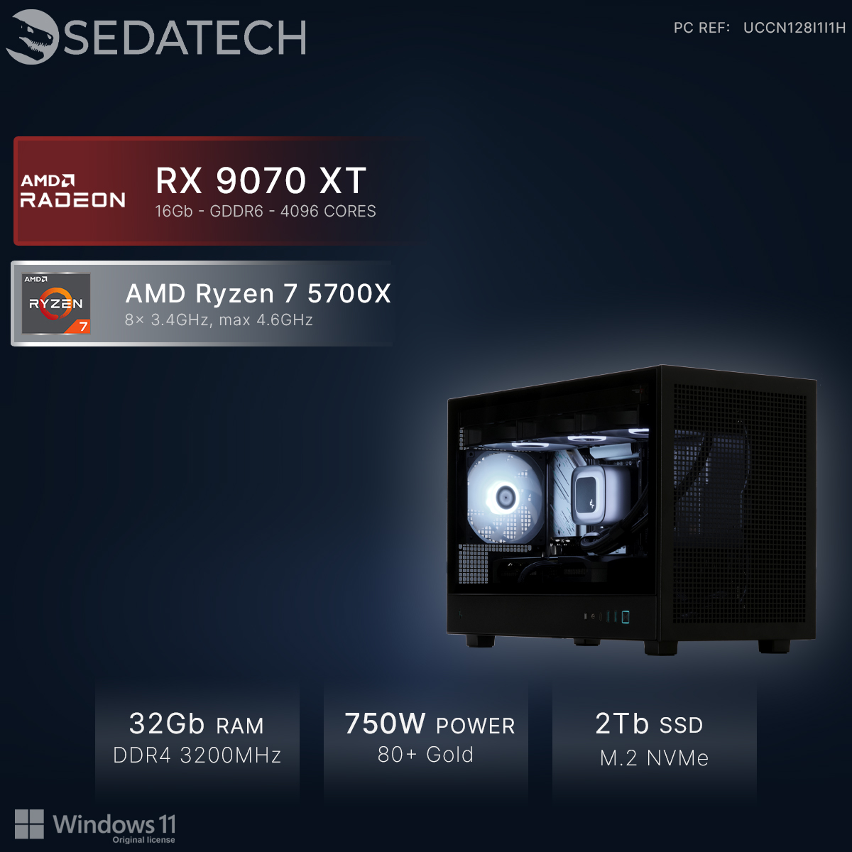 Kompaktowy czarny PC z AMD Ryzen 7, RX 9070 XT, 32GB RAM, zasilacz 750W.