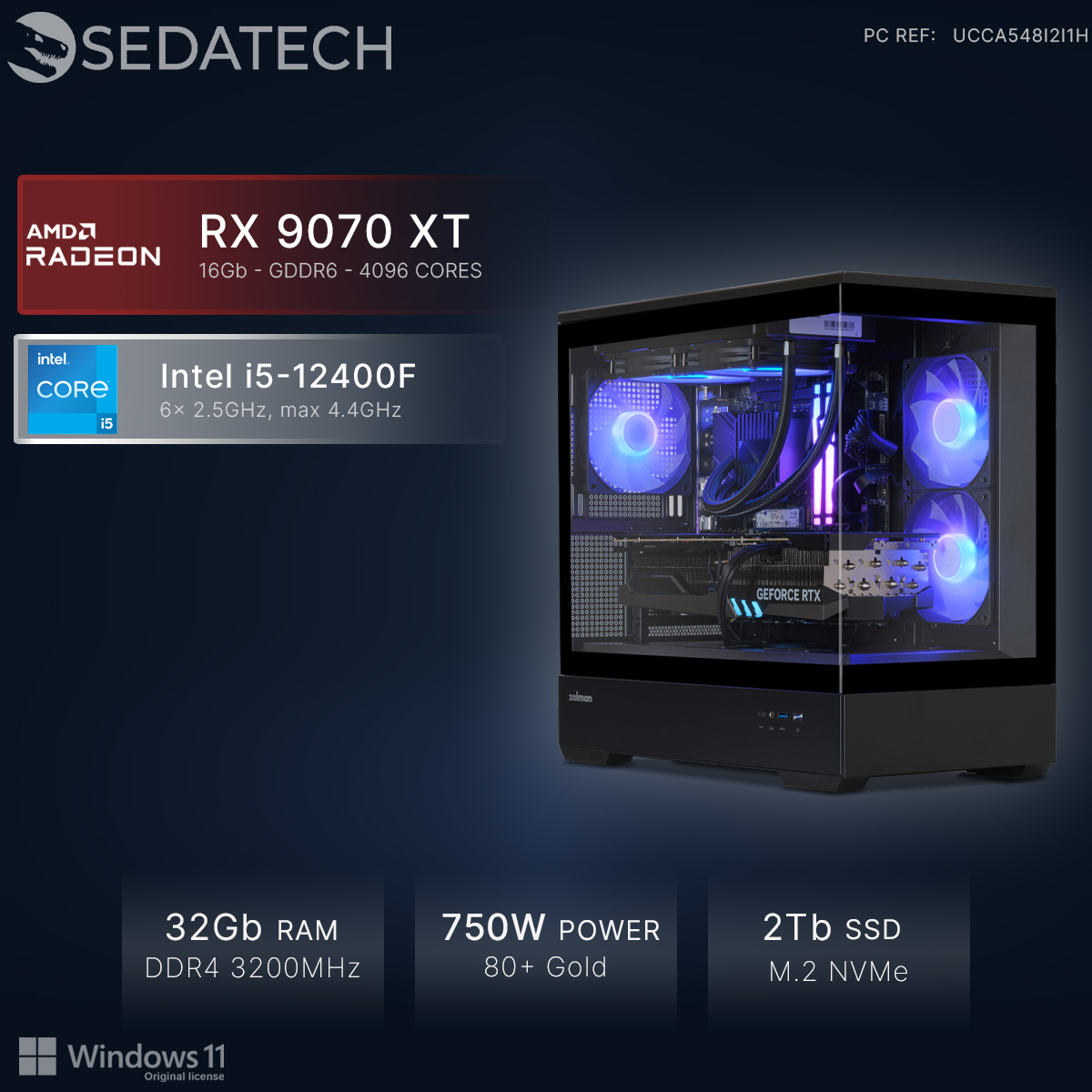 Un PC gamer avec AMD Radeon RX 9070 XT, Intel i5-12400F, 32Go RAM.