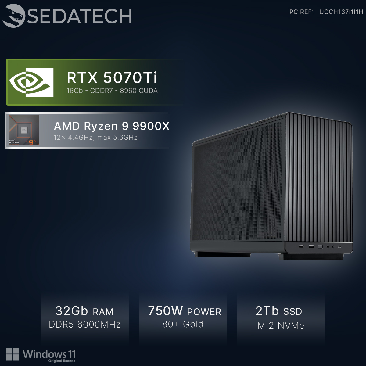 PC avec RTX 5070Ti, Ryzen 9 9900X, 32Go RAM, alim 750W et SSD 2To.