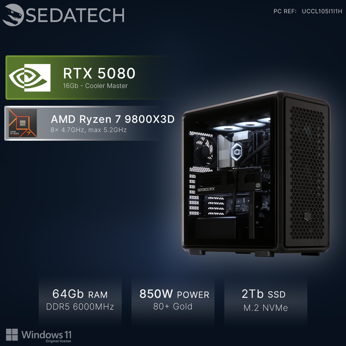 Een zwarte gaming-pc met RGB-verlichting, RTX 5080 en Ryzen 7 processor.