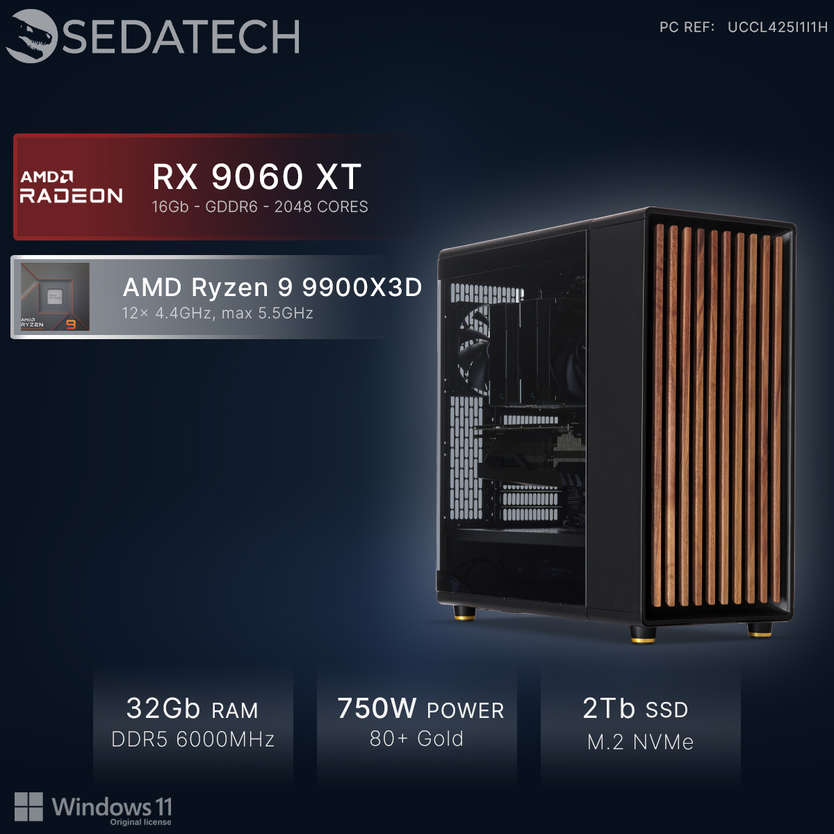 Un PC avec CPU AMD Ryzen 9 9900X3D, GPU RX 9060 XT, 32Go RAM, SSD 2To.