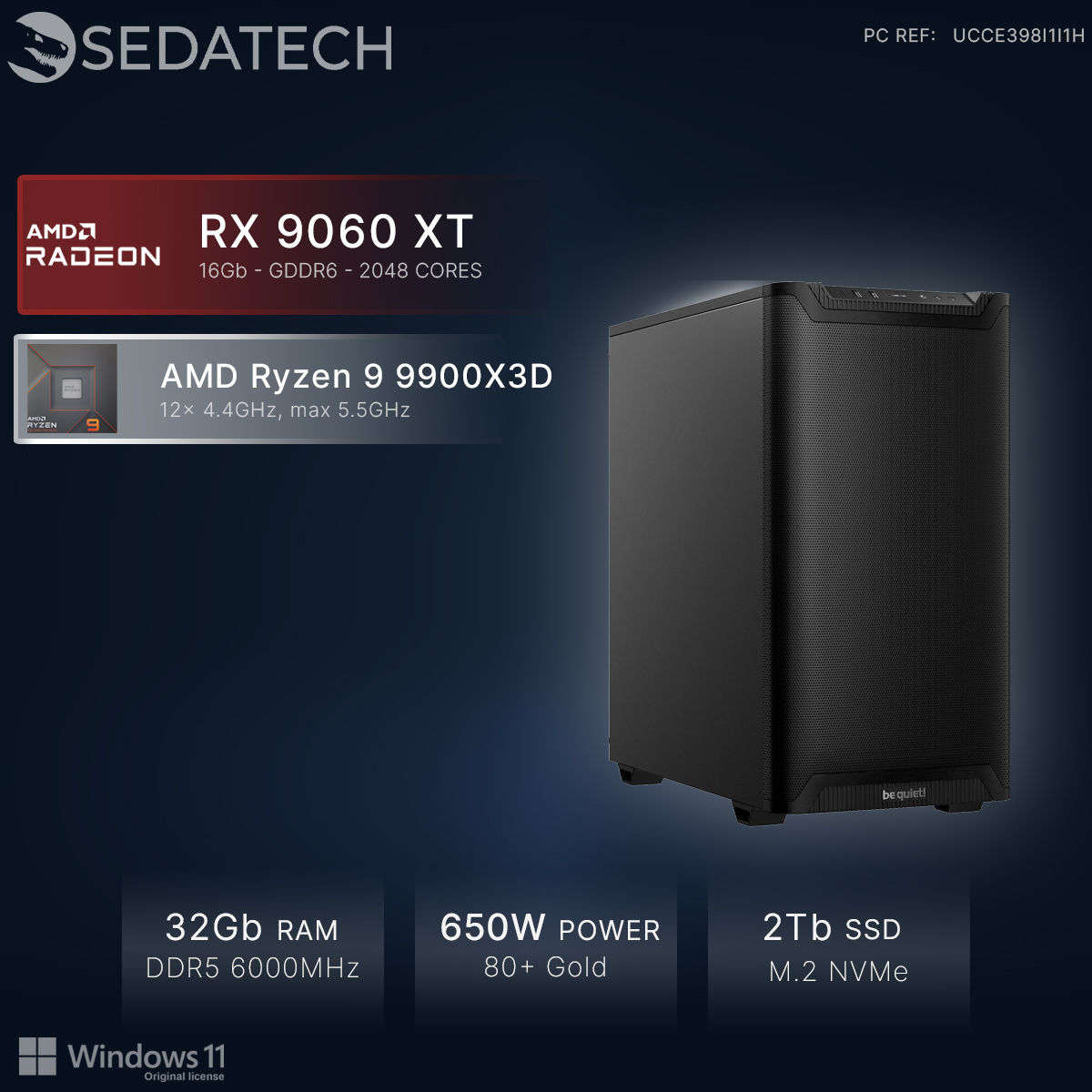 Czarna obudowa PC z AMD Ryzen 9 9900X3D, RX 9060 XT, 32GB RAM, zasilaczem 650W.