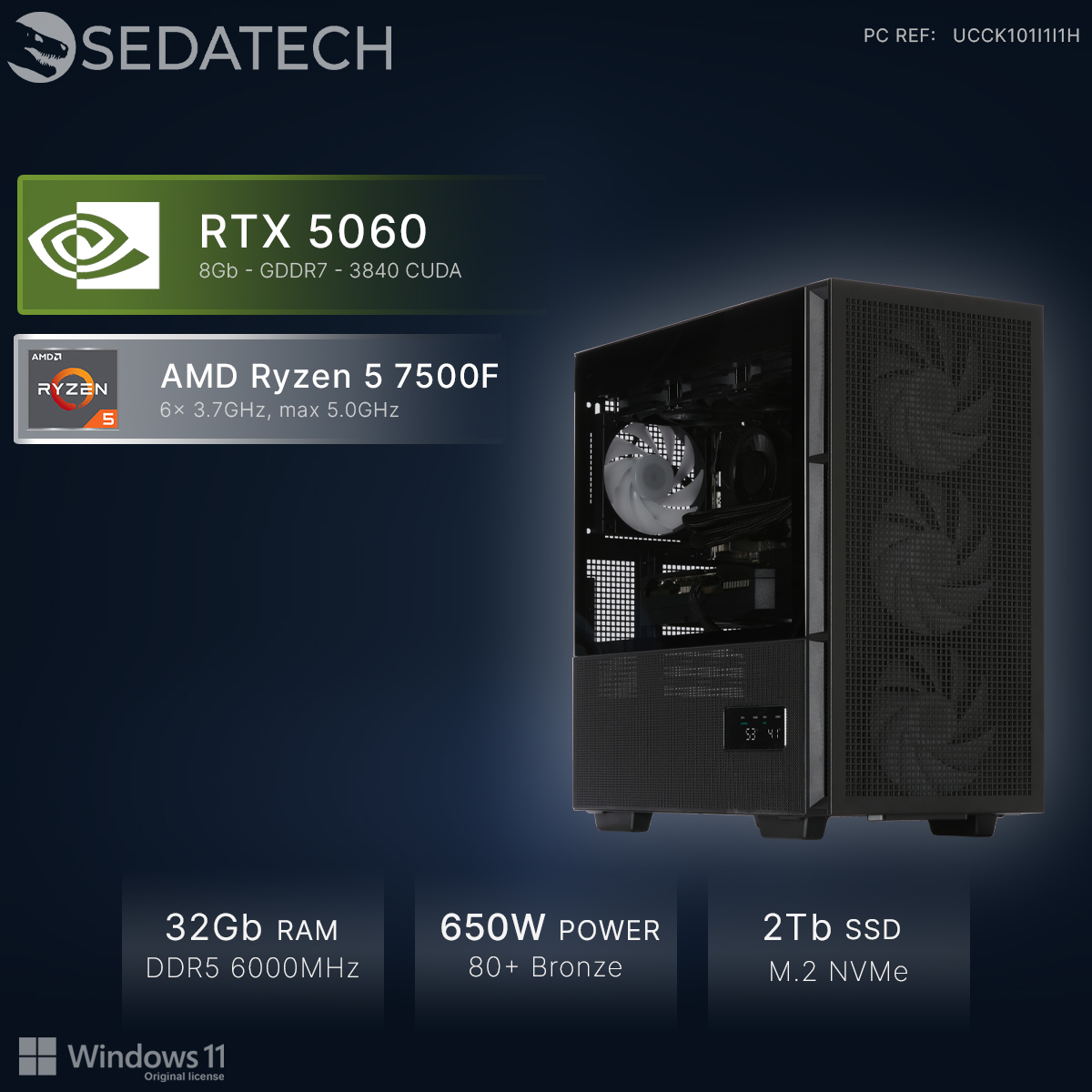 Een zwarte gaming-pc met RTX 5060, Ryzen 5 7500F, 32GB RAM, 650W voeding, 2TB SSD.