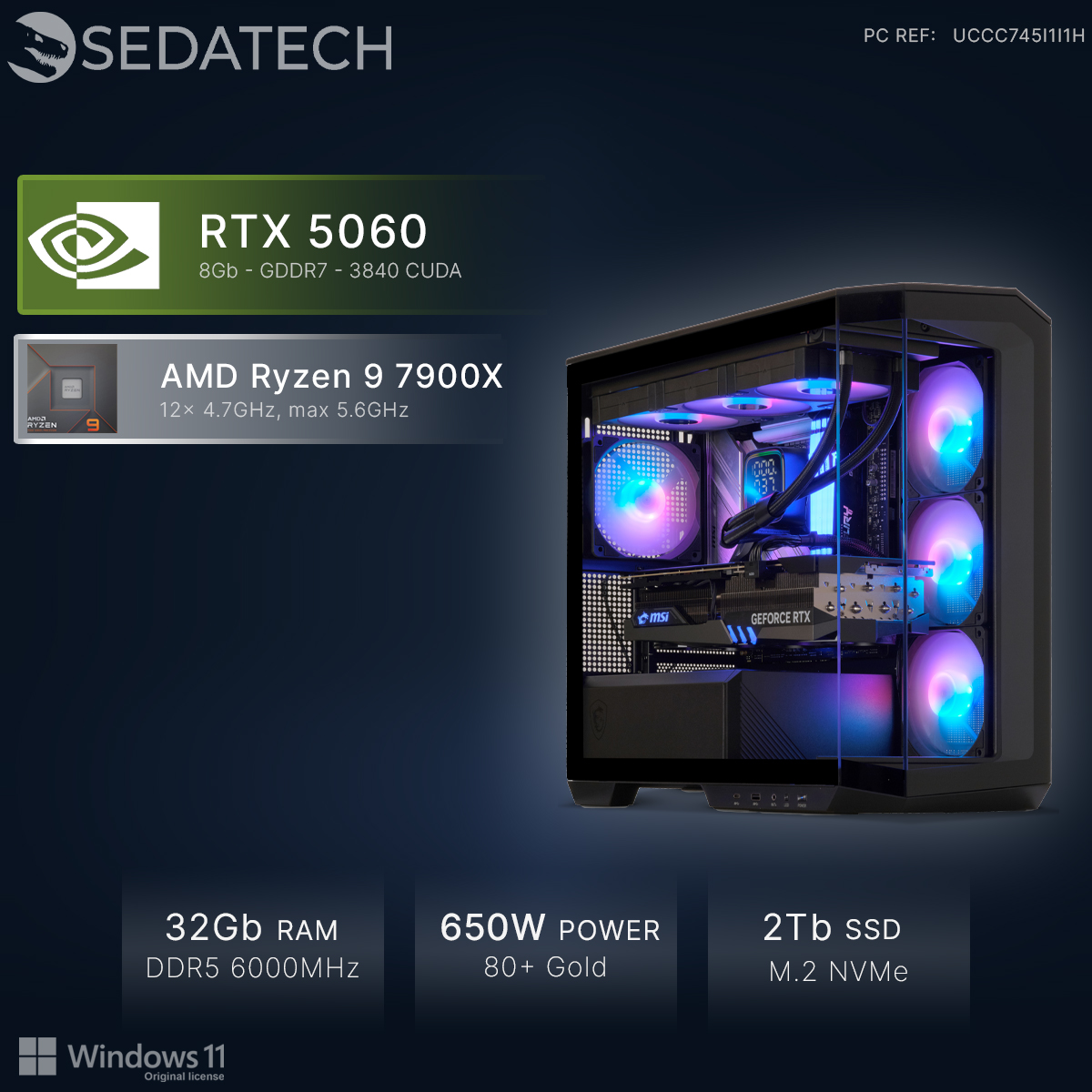 PC Gamer avec ventilateurs RGB, RTX 5060, Ryzen 9, 32Go RAM, alimentation 650W.