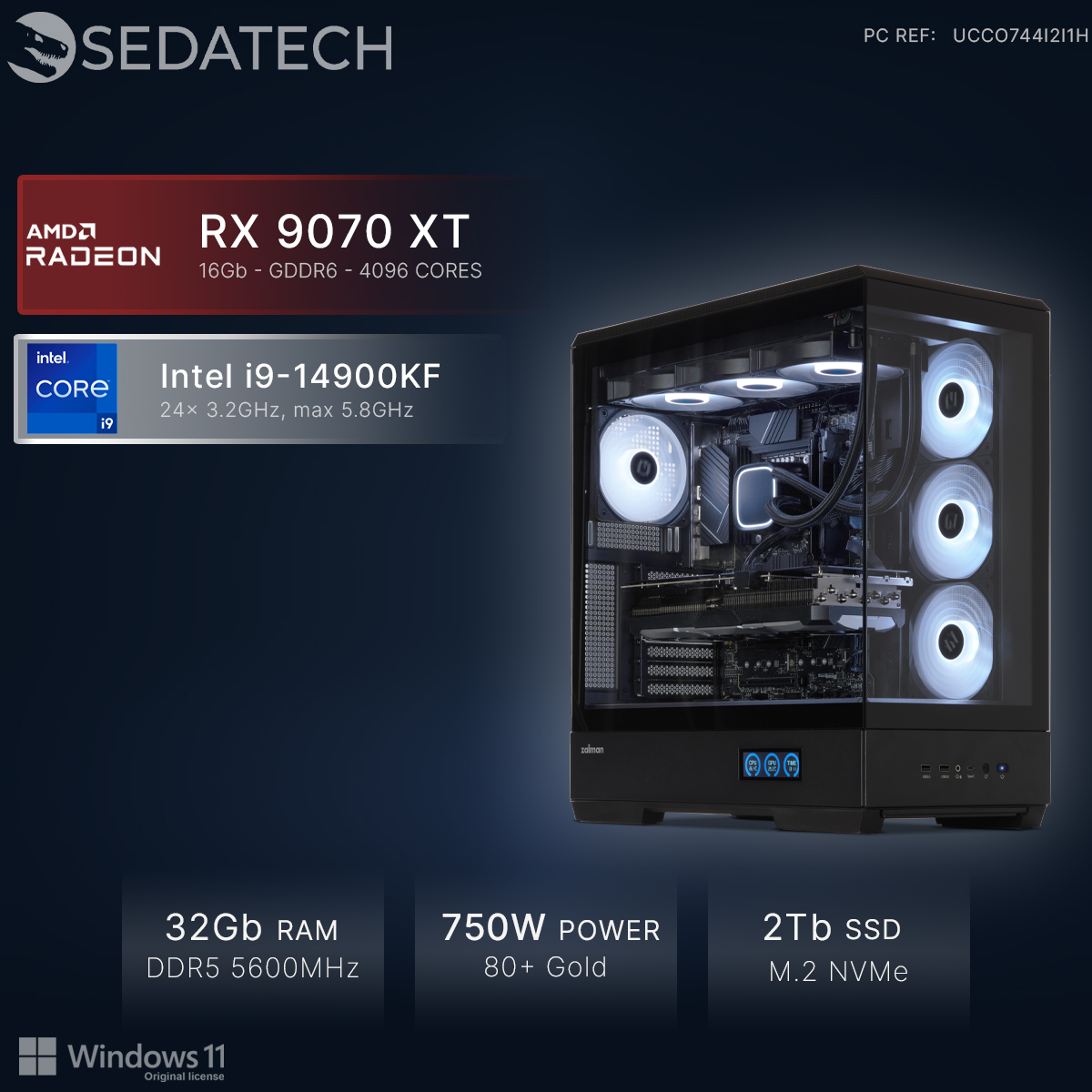 Ein schwarzer PC mit RGB-Lüftern, Intel i9 und AMD RX 9070 XT GPU.