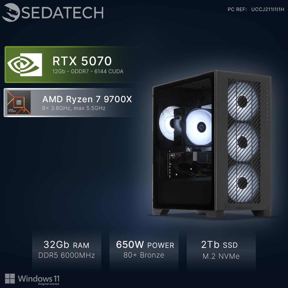 Tower PC nero con ventole RGB, RTX 5070, Ryzen 7 9700X, 32 GB RAM, alimentatore 650W.