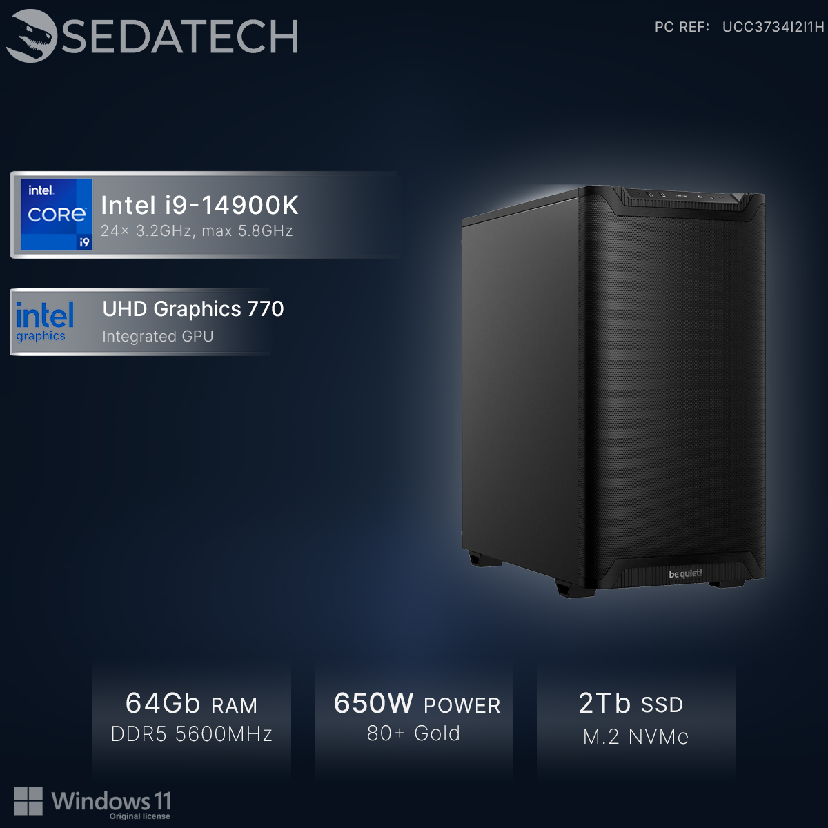 Torre de PC negra con CPU Intel i9, 64GB RAM, SSD de 2TB.