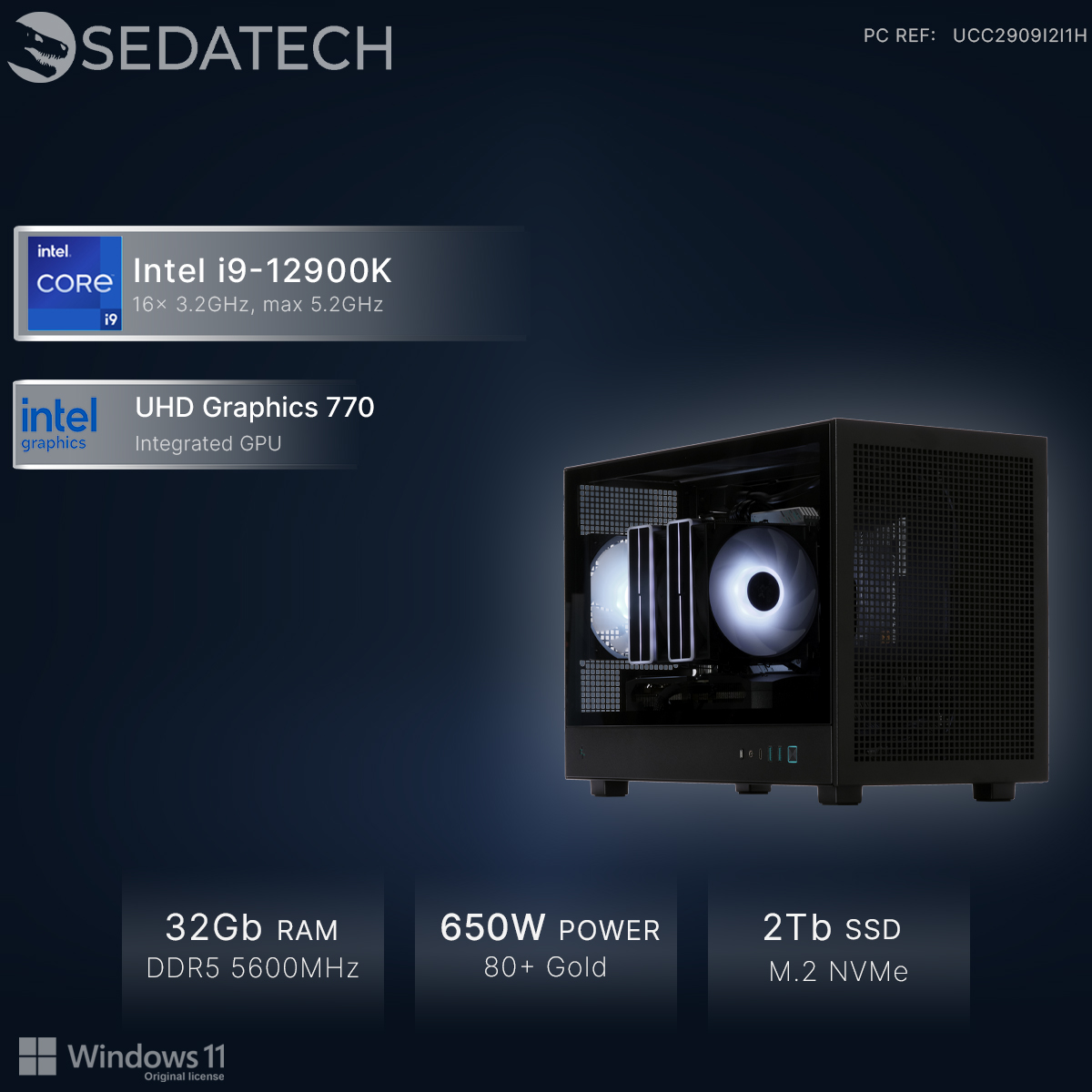Un PC noir avec CPU Intel i9, 32Go RAM, alimentation 650W et SSD 2To.