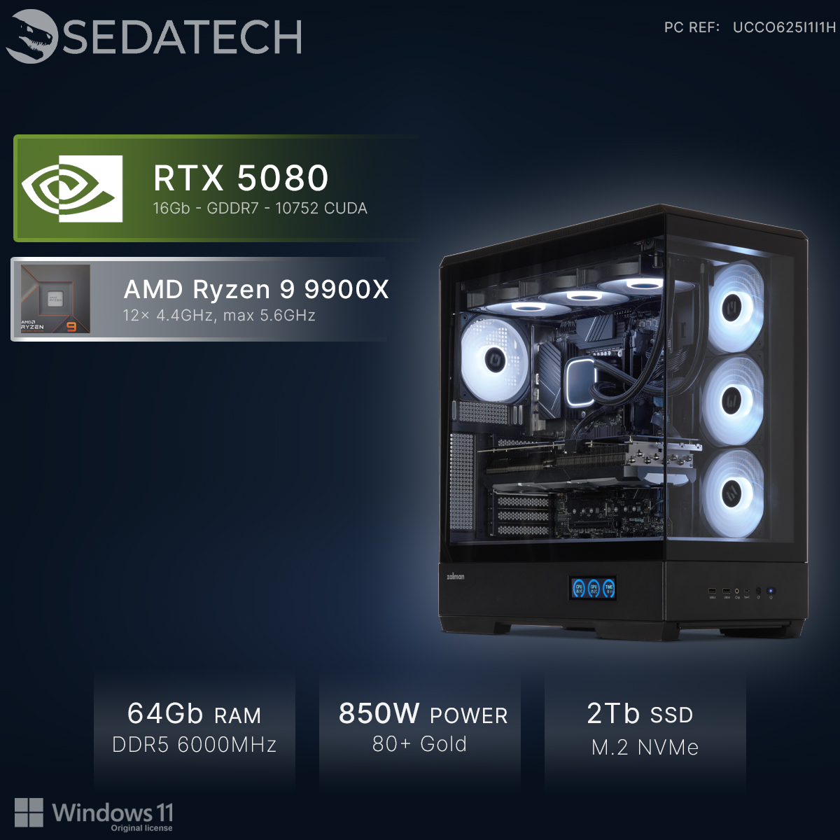 Czarna obudowa PC z RTX 5080, Ryzen 9, 64 GB RAM, 850W.