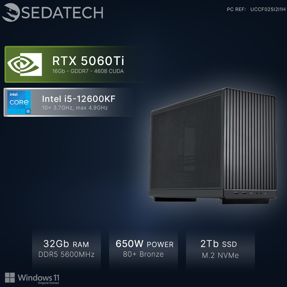 Een pc met Intel i5, RTX 5060Ti, 32GB RAM, 650W voeding en 2TB SSD.