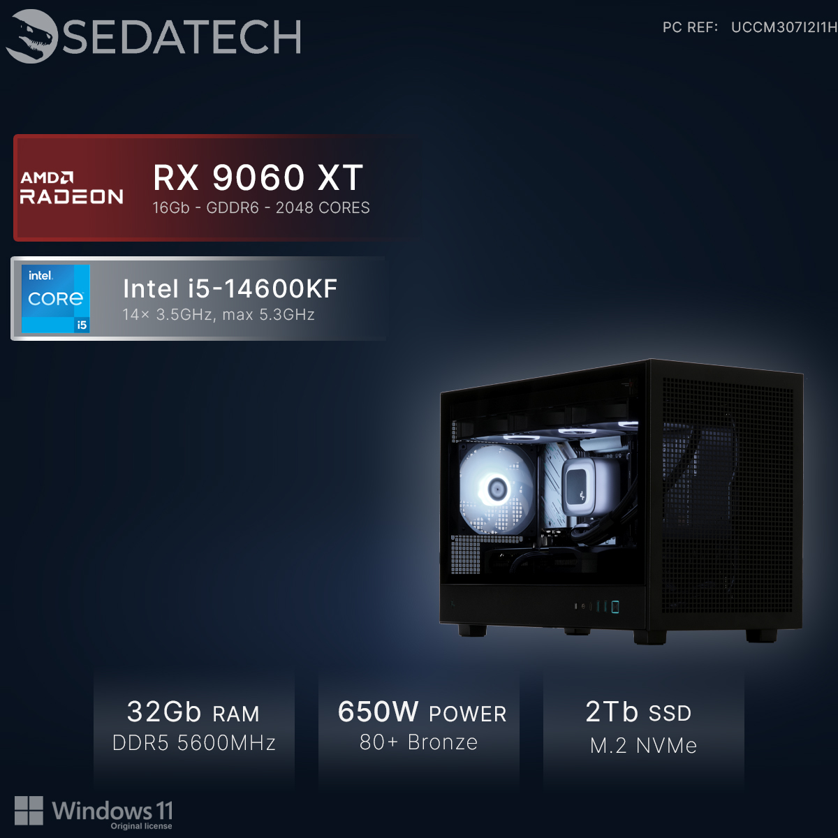 Un PC negro con CPU AMD Radeon RX 9060 XT e Intel i5-14600KF.