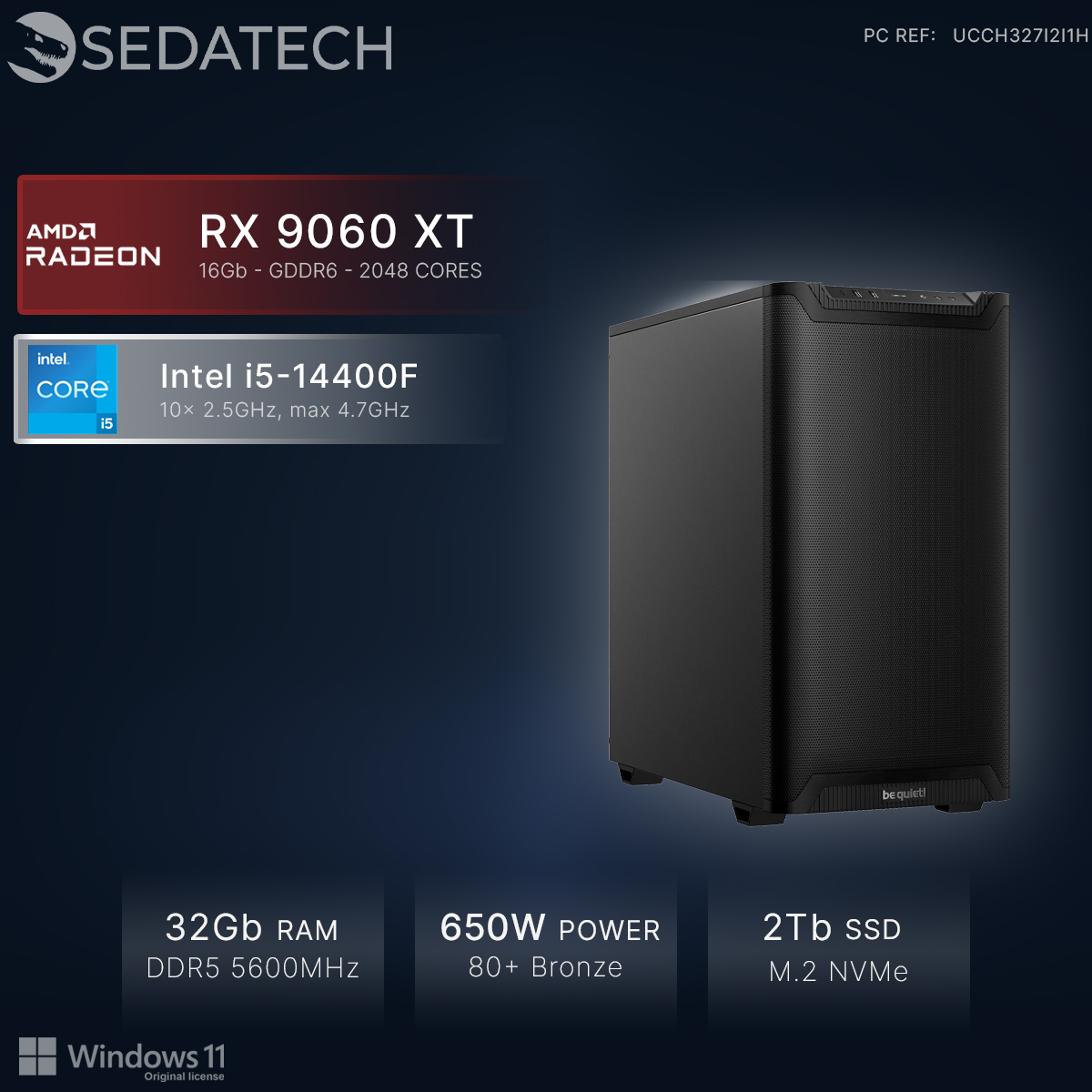 Un PC con AMD Radeon RX 9060 XT, Intel i5-14400F, 32GB RAM, fuente 650W.