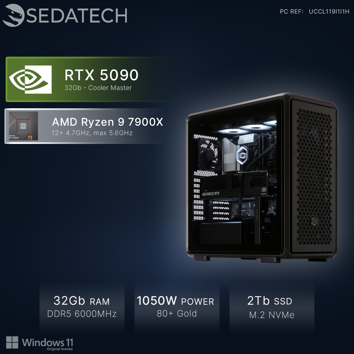 Un PC noir avec RTX 5090 et CPU Ryzen 9. Specs : 32 Go RAM, 1050 W, 2 To SSD.