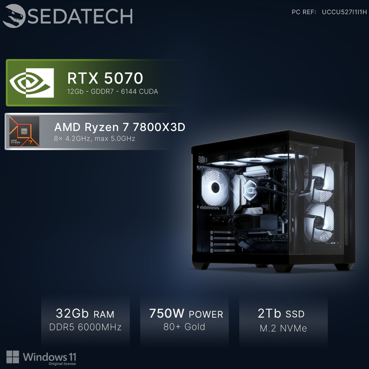 Komputer gamingowy RTX 5070, Ryzen 7 7800X3D, 32GB RAM, zasilacz 750W.