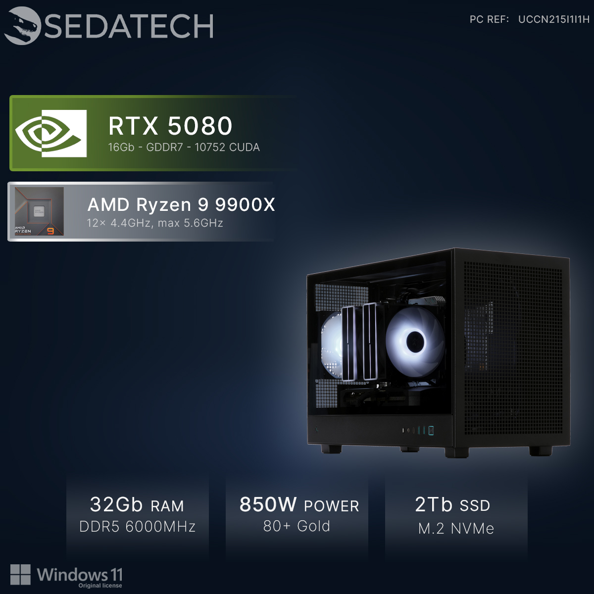 Ein Sedatech PC mit RTX 5080, Ryzen 9 9900X, 32GB RAM, 850W Netzteil, 2TB SSD.