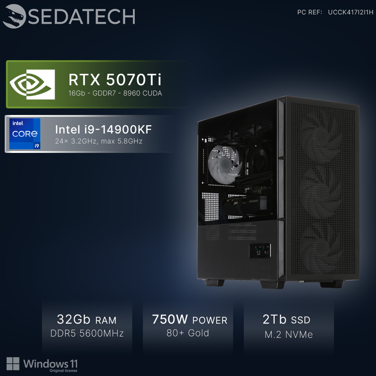 Gaming PC met Intel i9, RTX 5070Ti, 32GB RAM, 750W voeding, 2TB SSD.