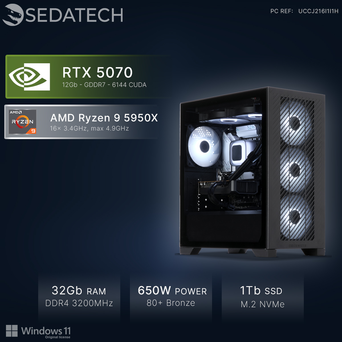 Un PC da gaming con RTX 5070, Ryzen 9, 32GB RAM e SSD da 1TB.