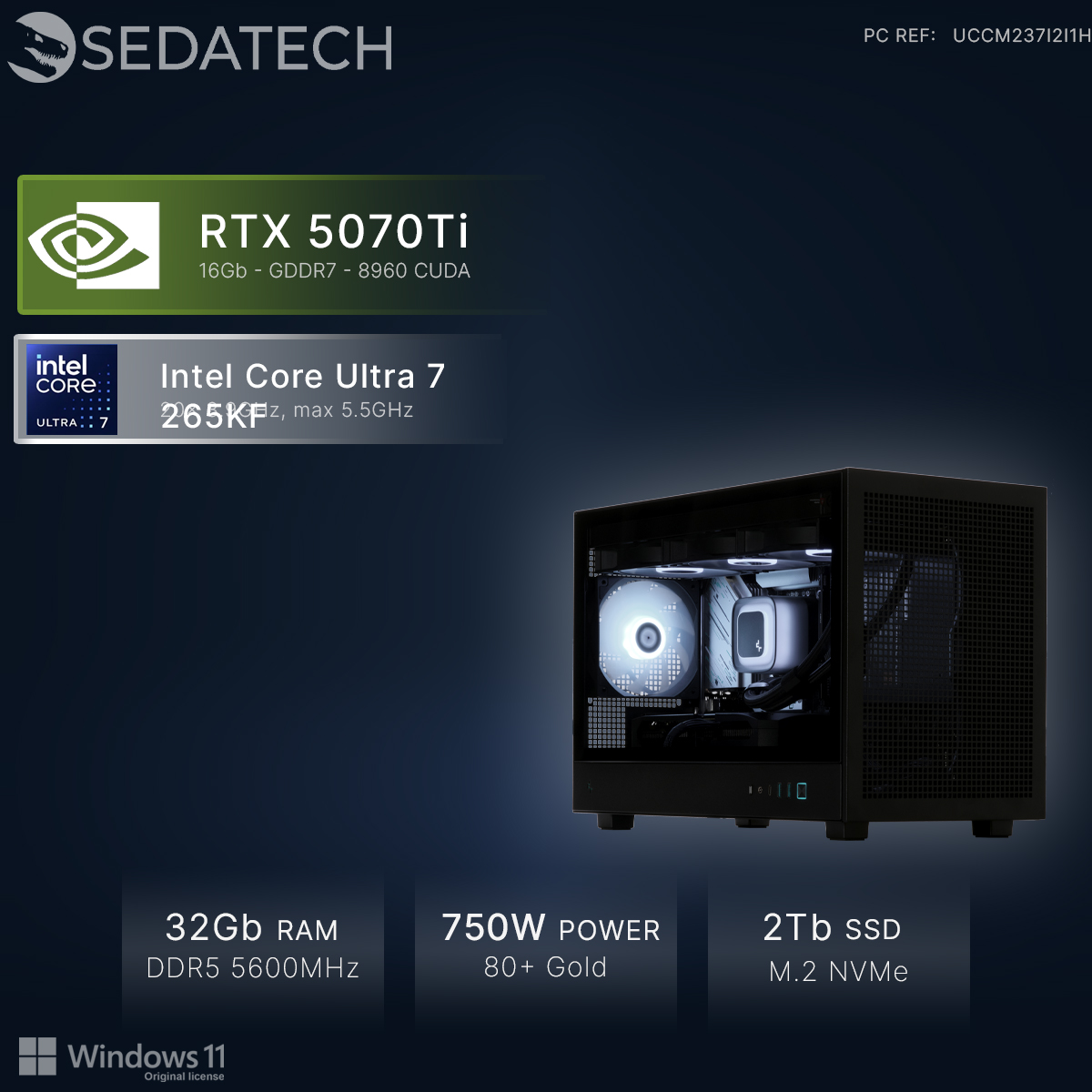 Kompaktowy PC z RTX 5070Ti, Intel Core Ultra 7, 32GB RAM, zasilacz 750W.