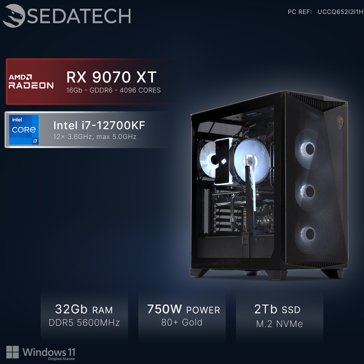 Een zwarte pc met RGB-ventilatoren, AMD Radeon RX 9070 XT, Intel i7-12700KF, 32GB RAM.
