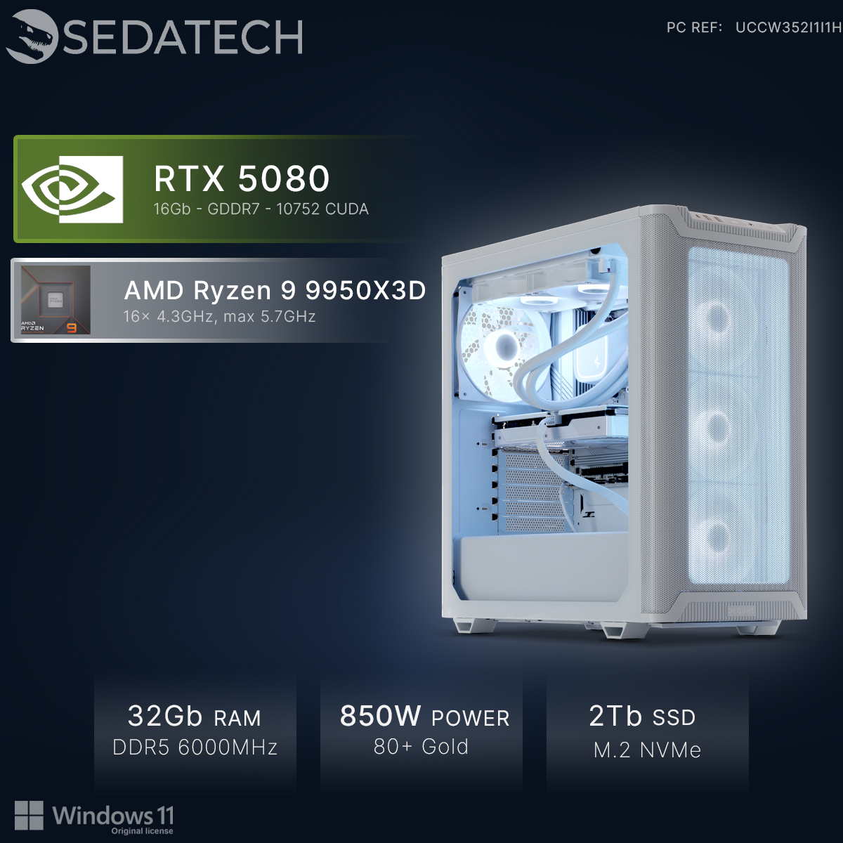 Een witte pc met RTX 5080 en Ryzen 9 processor.