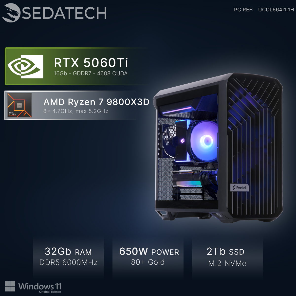Un PC da gaming con RTX 5060Ti, Ryzen 7 9800X3D, 32GB RAM, SSD 2TB e alimentatore 650W.