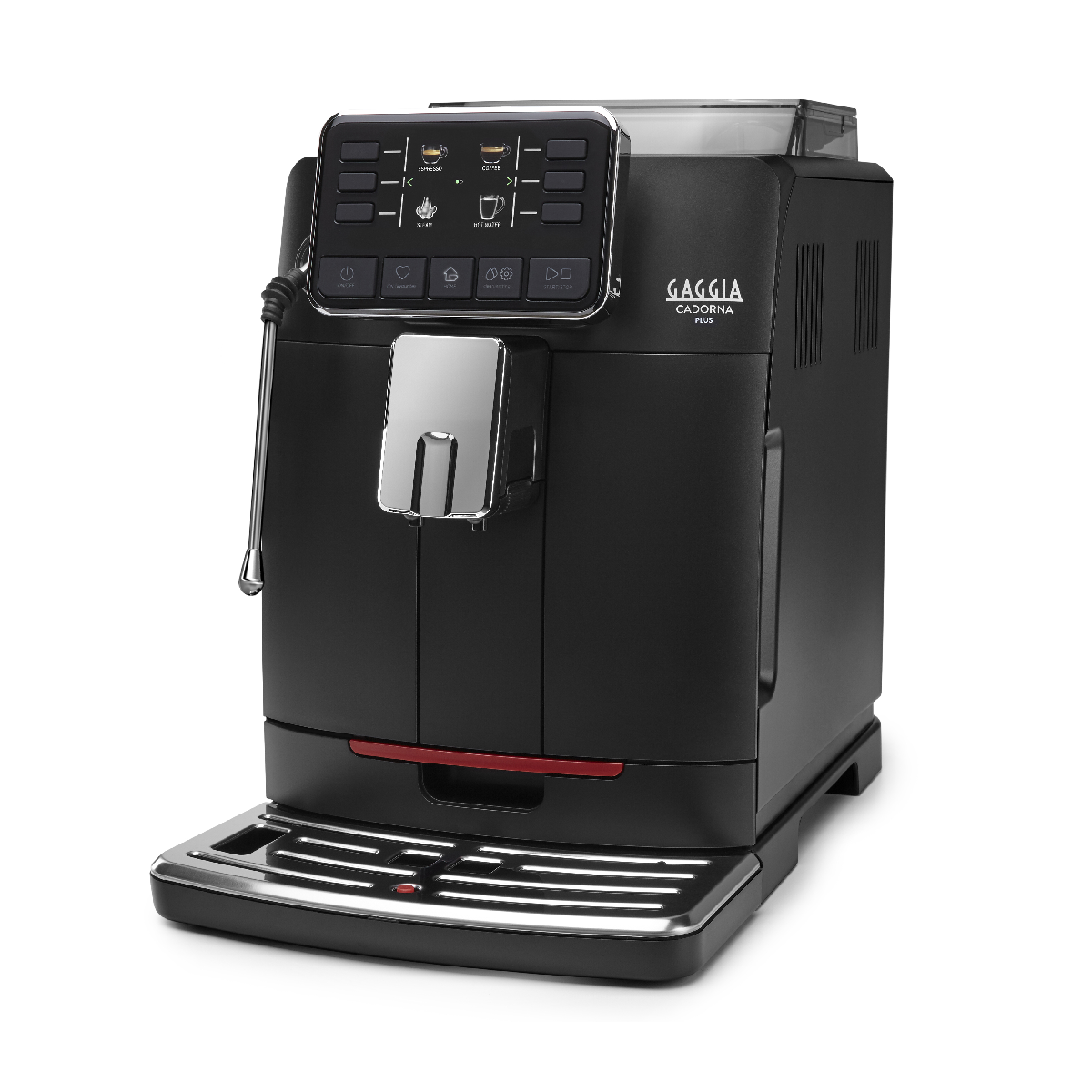 Een zwarte Gaggia Cadornaplus koffiemachine met zilveren accenten en bedieningspaneel.