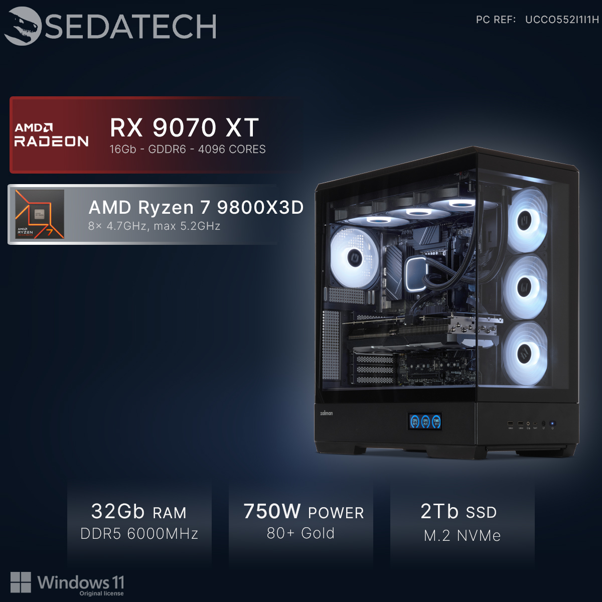 PC nero con ventole RGB, specifiche AMD RX 9070 XT e Ryzen 7 9800X3D.