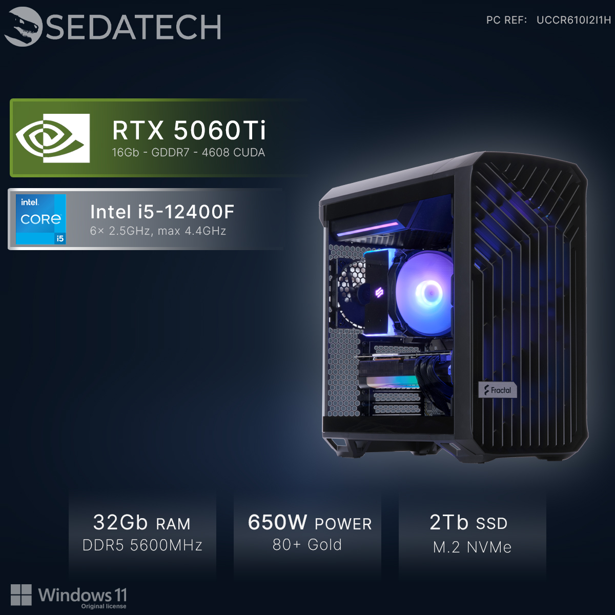 PC Gamer avec Intel i5, RTX 5060Ti, 32Go RAM, SSD 2To, PSU 650W.