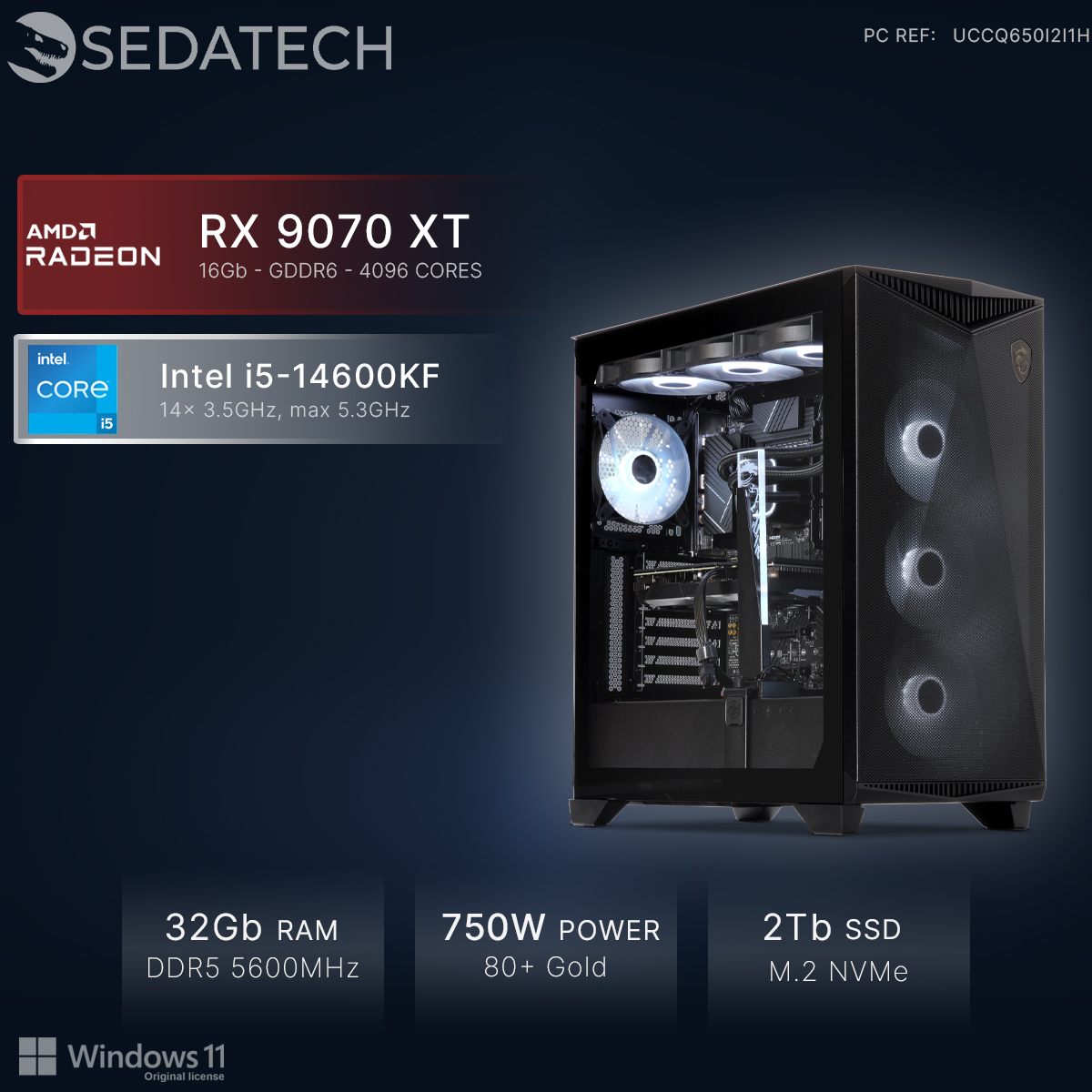 Un PC negro con ventiladores RGB, CPU Intel i5, GPU AMD RX 9070 XT.