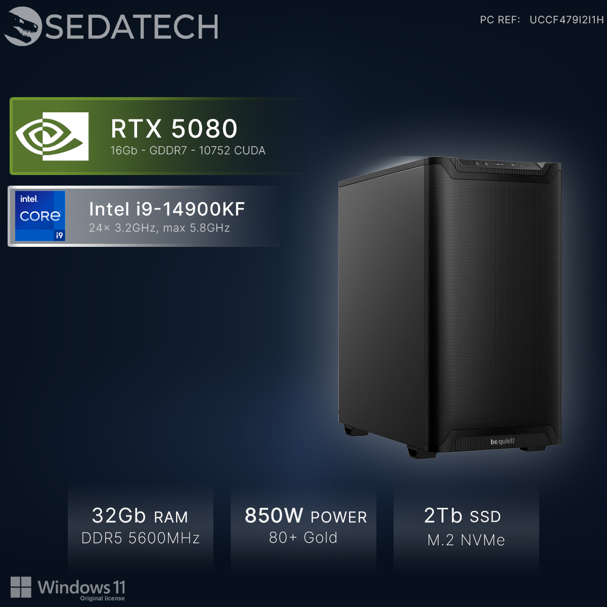 PC negro con Intel i9, RTX 5080, 32GB RAM, fuente 850W y SSD de 2TB.