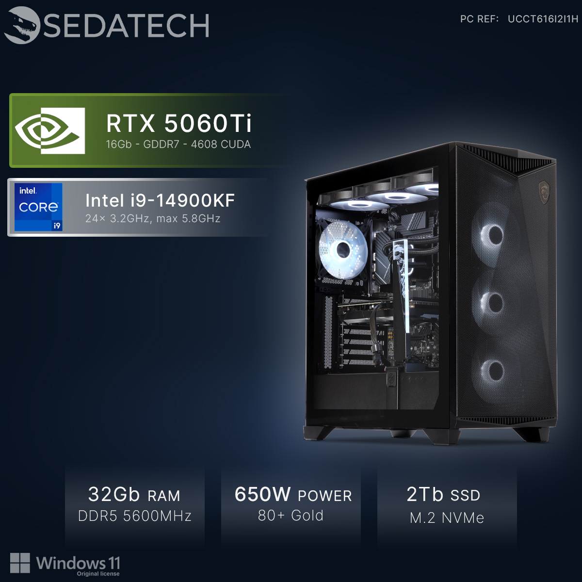 Ein schwarzer PC mit RTX 5060Ti, Intel i9, 32GB RAM, 650W Netzteil und 2TB SSD.