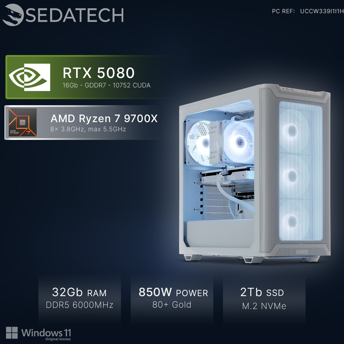 PC blanc avec RTX 5080, Ryzen 7 9700X, 32 Go RAM, 850W.