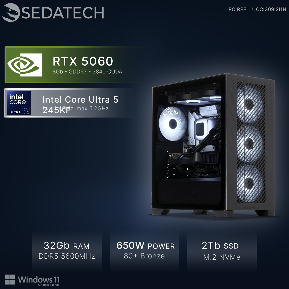 Un PC con RTX 5060, Intel Core Ultra 5, 32 GB RAM, fuente 650W, SSD de 2 TB.