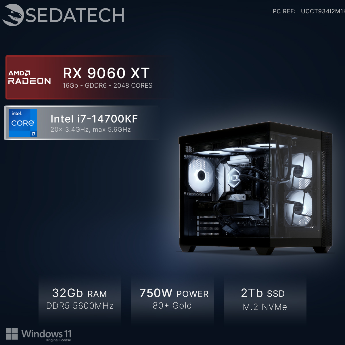 Un PC potente con AMD RX 9060 XT, Intel i7-14700KF, 32GB RAM, PSU 750W.