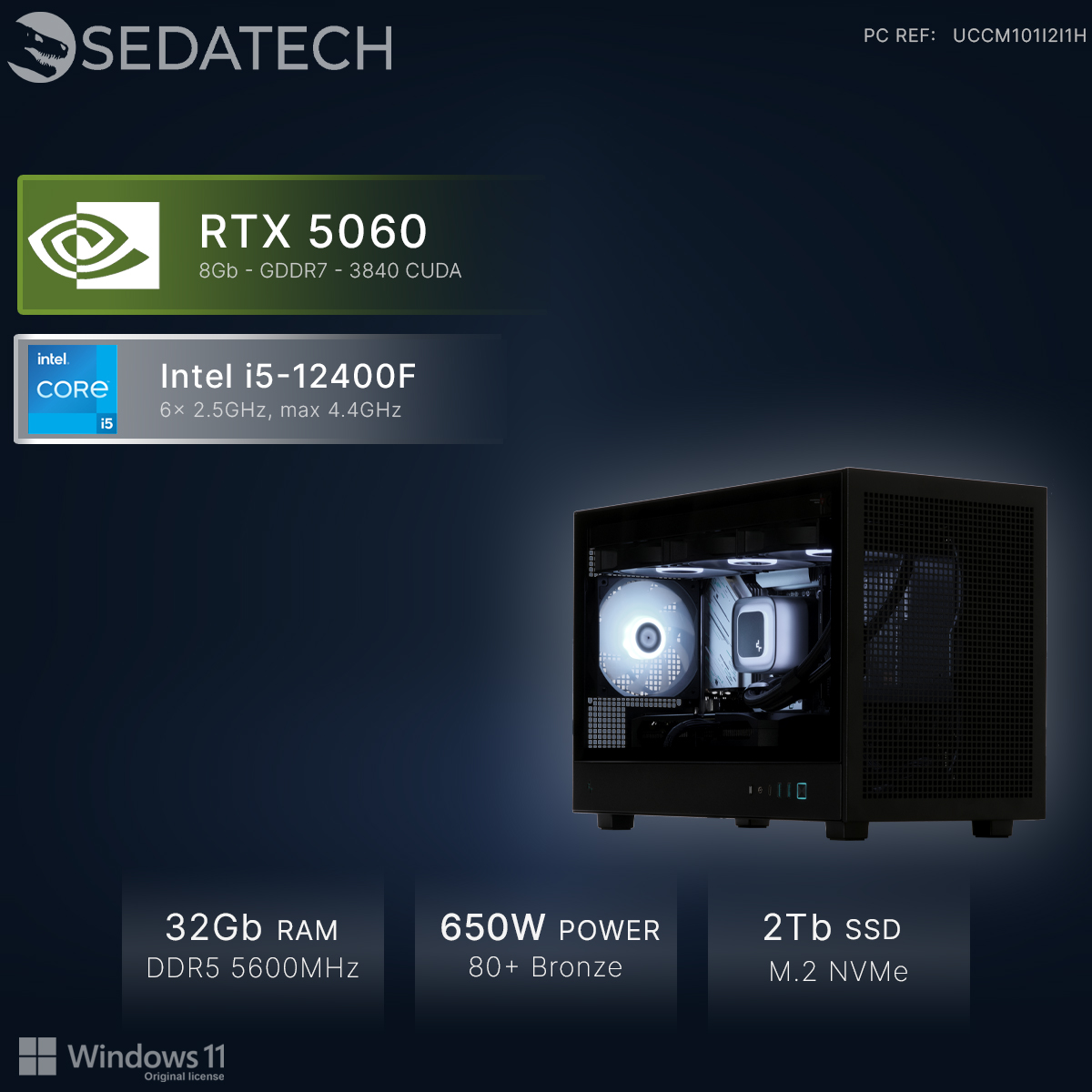 Un PC noir avec RTX 5060, Intel i5, 32Go RAM, Alimentation 650W, SSD 2To.