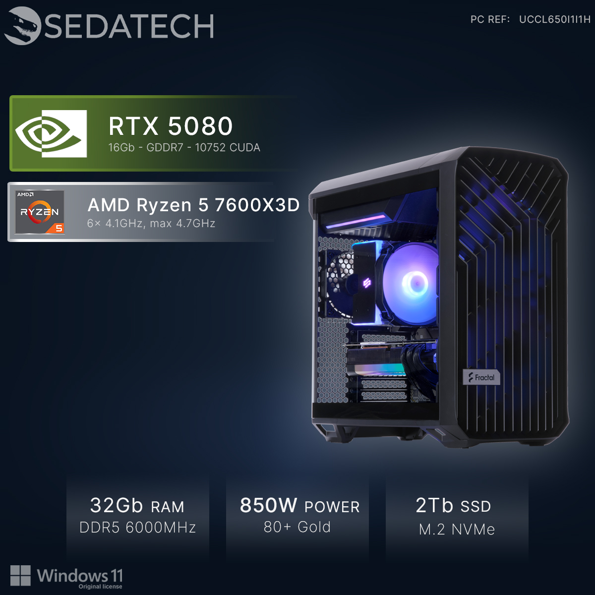Un PC con RTX 5080, Ryzen 5, 32GB RAM, alimentatore 850W e SSD 2TB.