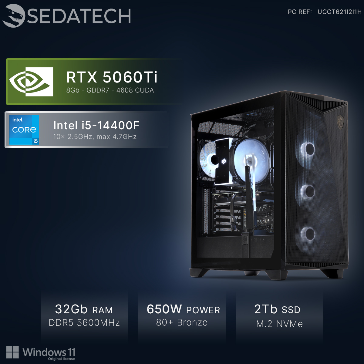 Gaming PC mit RTX 5060Ti, Intel i5-14400F, 32GB RAM, 2TB SSD.