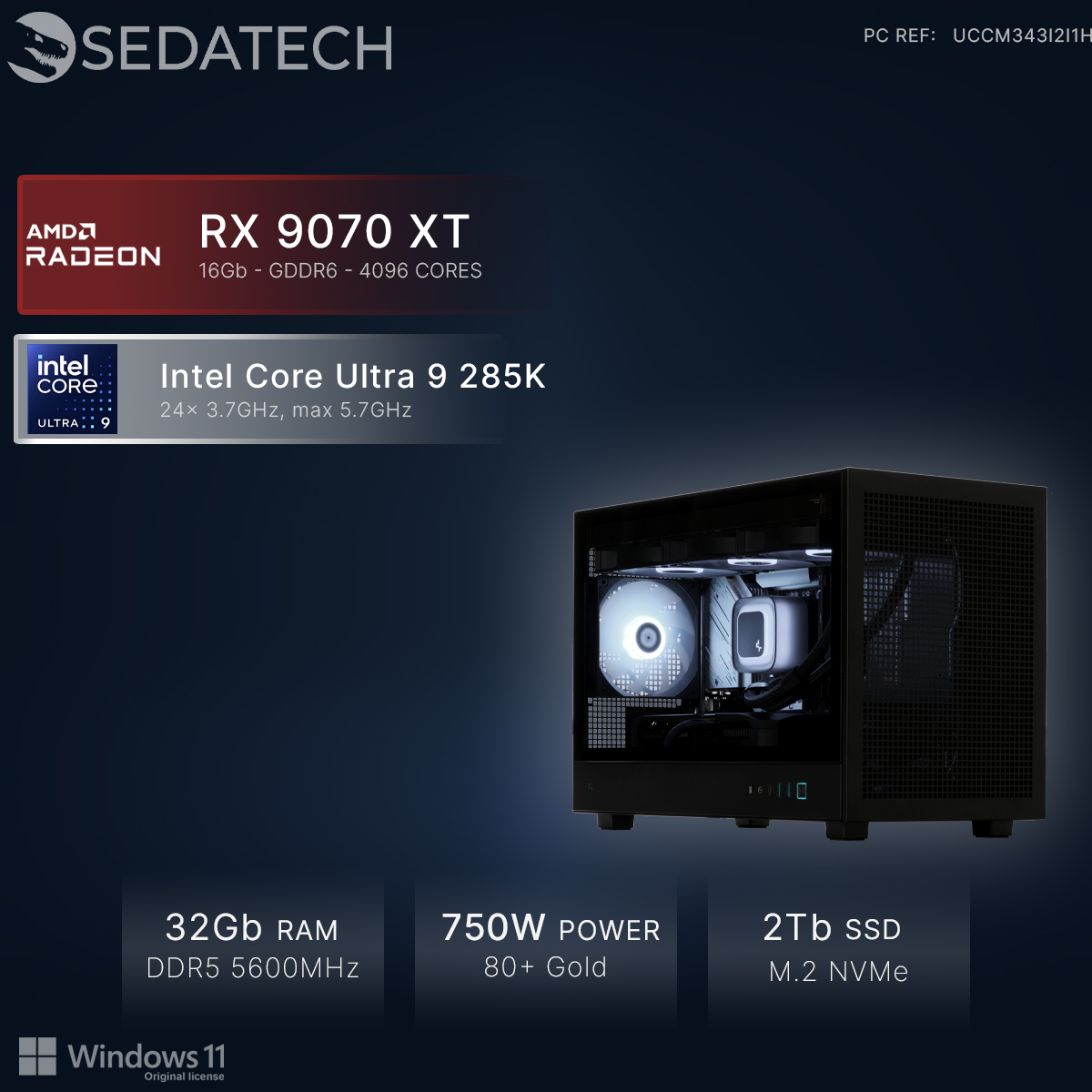 Un PC noir avec AMD Radeon RX 9070 XT, Intel Core Ultra 9, 32 Go RAM.