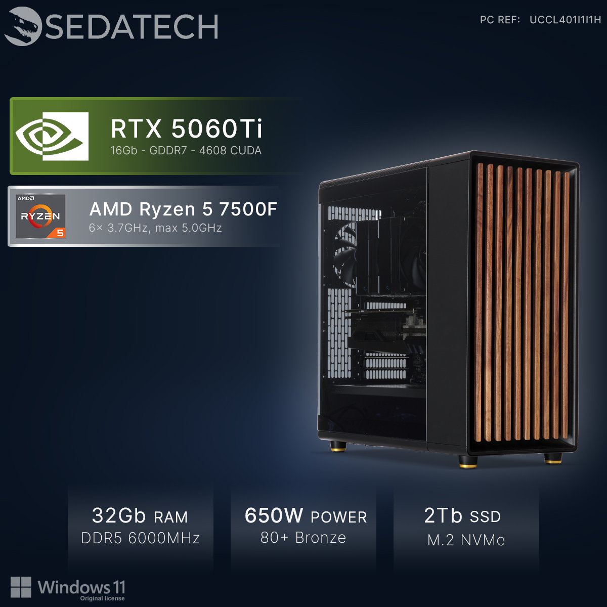 Un PC nero con accenti in legno, RTX 5060Ti, Ryzen 5, 32GB RAM, 650W, SSD 2TB.